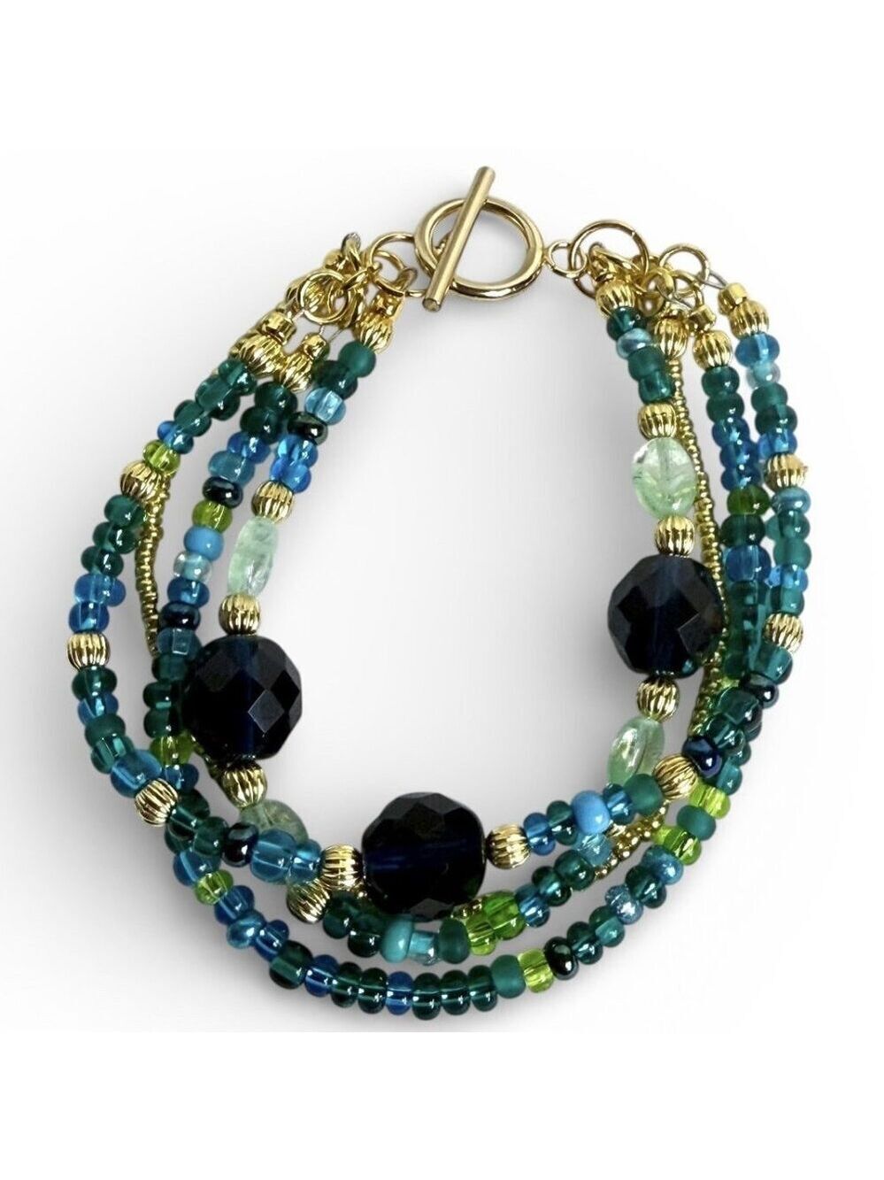 Reimagined Glass Bead Bracelet Blue Green Gold Tone